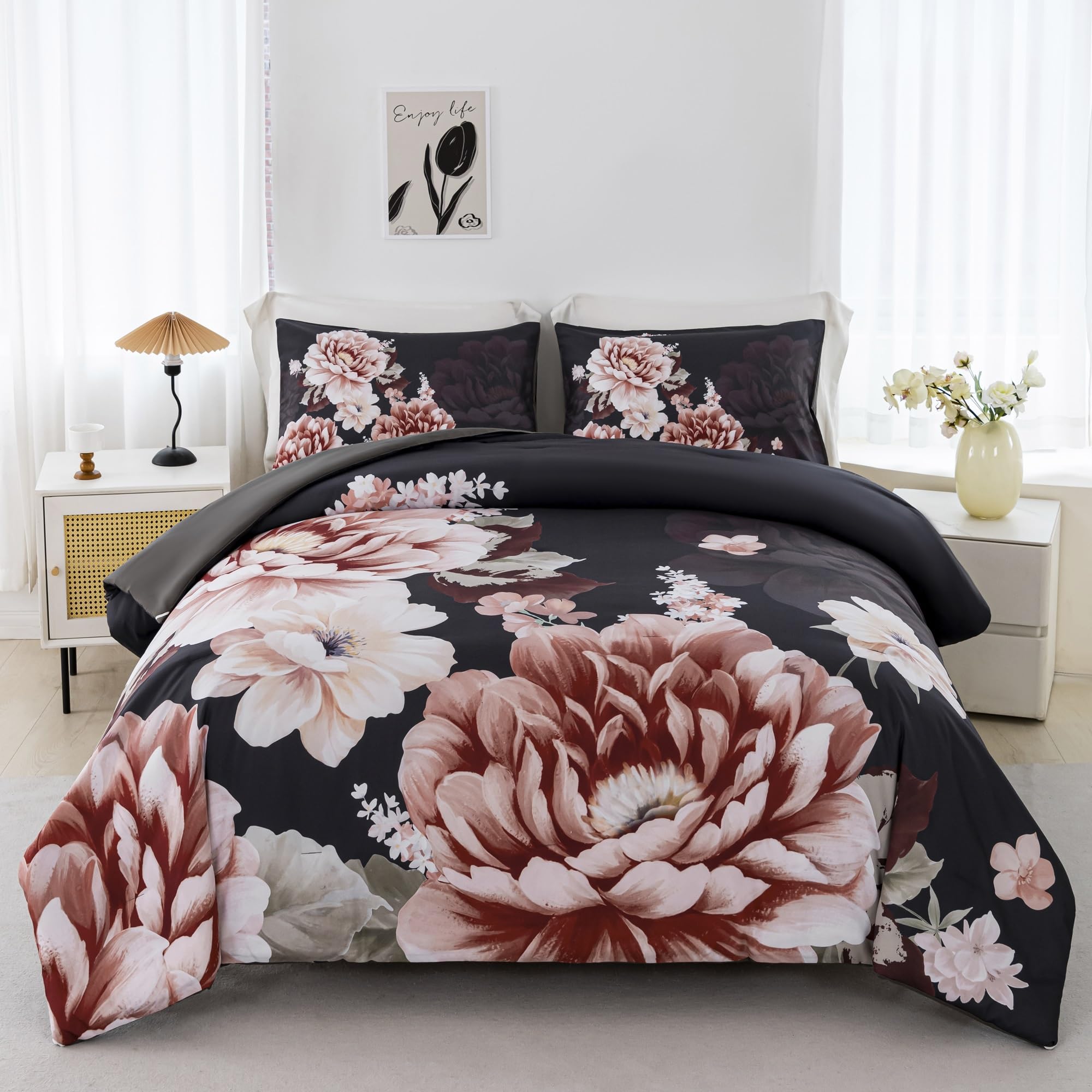 Rynghipy Floral Comforter Set Full Size Botanical Flowers Leaves Bedding Comforter Sets Lightweight Fluffy Bed Set Pillowcases (